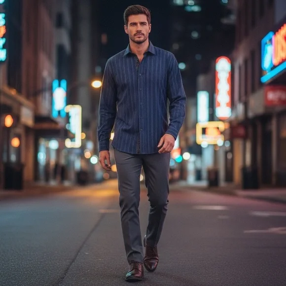 Thomas Dean Men’s Button-Down Shirt L • Navy Multi Stripe • Contrast Cuffs - Picture 6 of 13